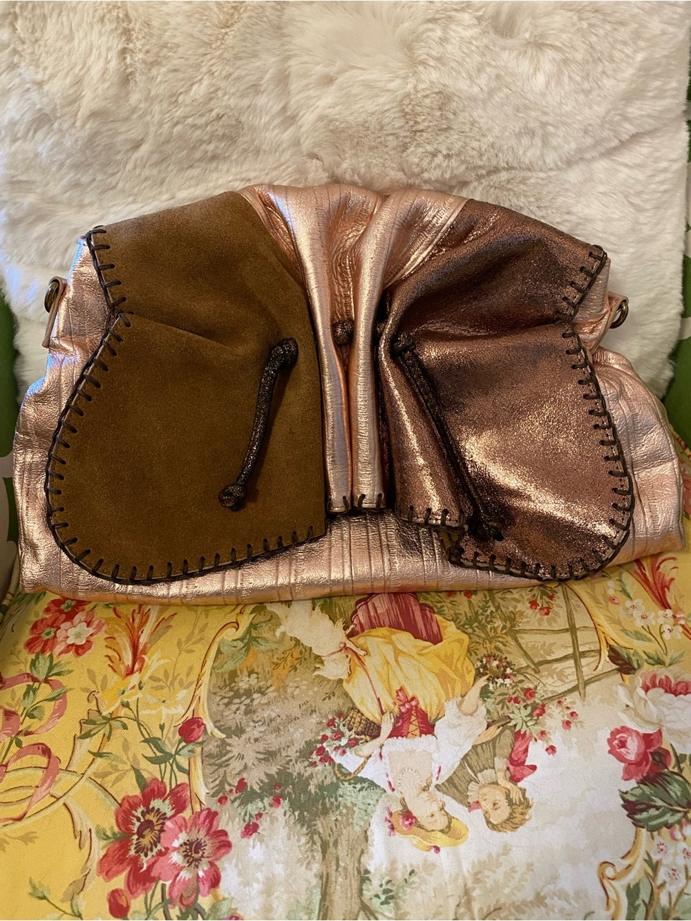 SHARIF Metallic Rose Gold and Brown Leather Clutch Handbag